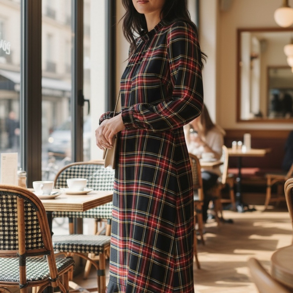 J. Crew Black and Red Tartan Long Sleeve Peasant Dress Size 2